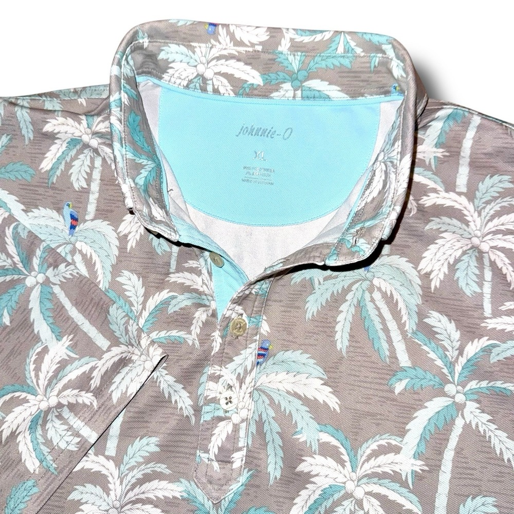 JOHNNIE-O Polo Shirt XL Cha Cha Tropical Performance Stretch Palm Tree Parrot